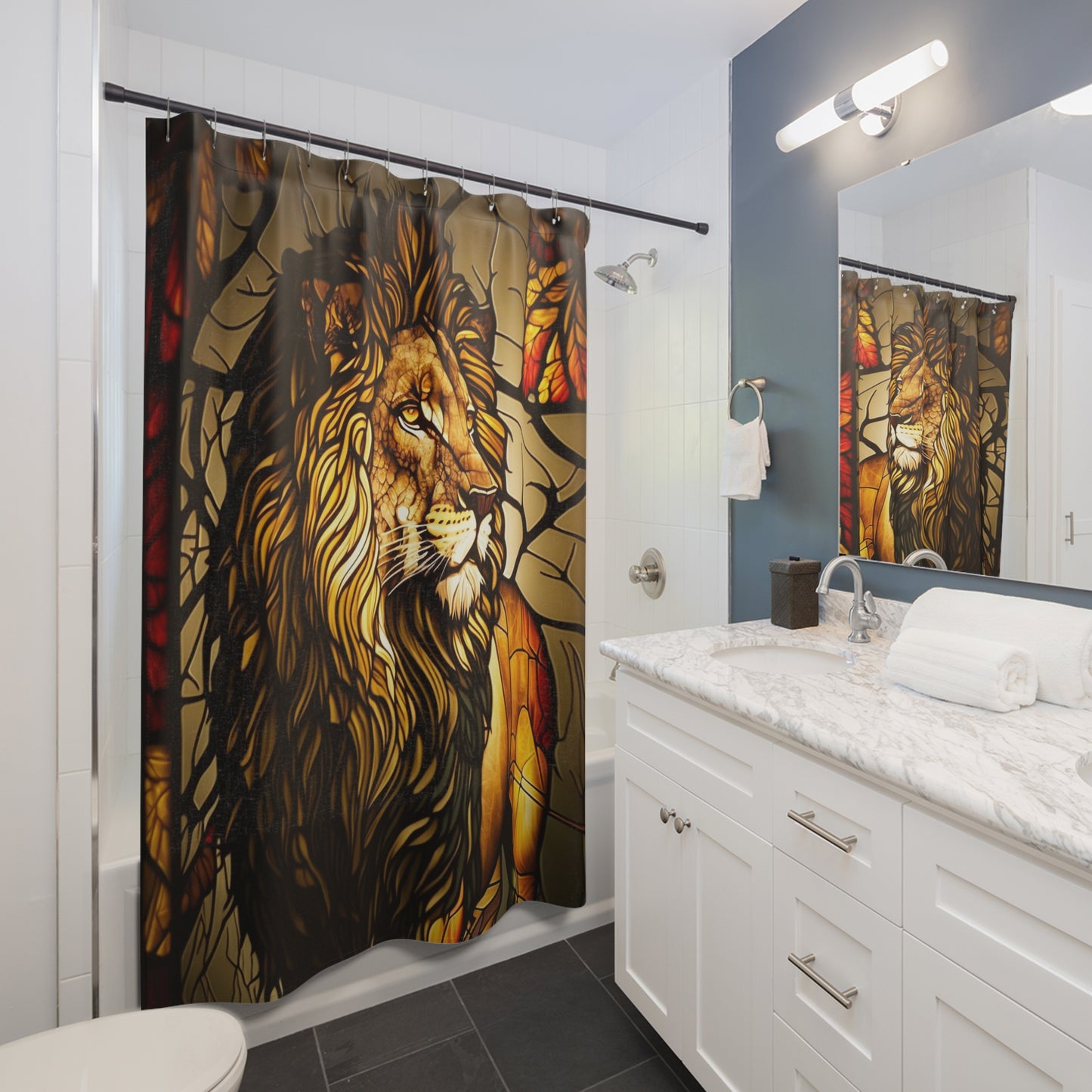 Stained Glass Lion - SHOWER CURTAIN - Home Decor, Bathroom Decor, Lion, Wildlife