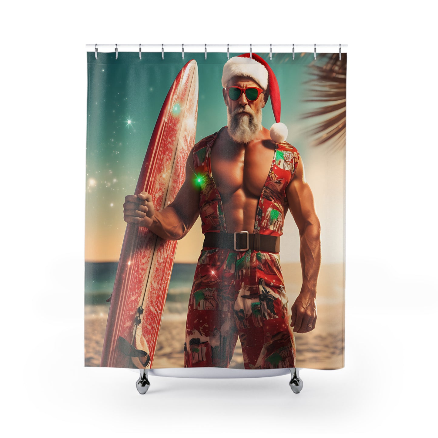 CHRISTMAS - Buff Santa Surfer - SHOWER CURTAIN - Home Decor, Bathroom Decor, Holiday Decor 71x74"