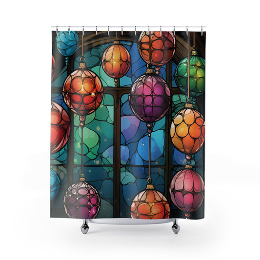 CHRISTMAS Holiday Home Decor - Stained Glass Ornaments - SHOWER CURTAIN - 71" x 74"