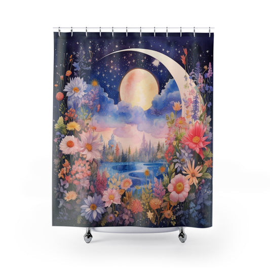 Celestial - Floral Moon - Shower Curtain - Home Decor, Bathroom Decor 71"  x 74"