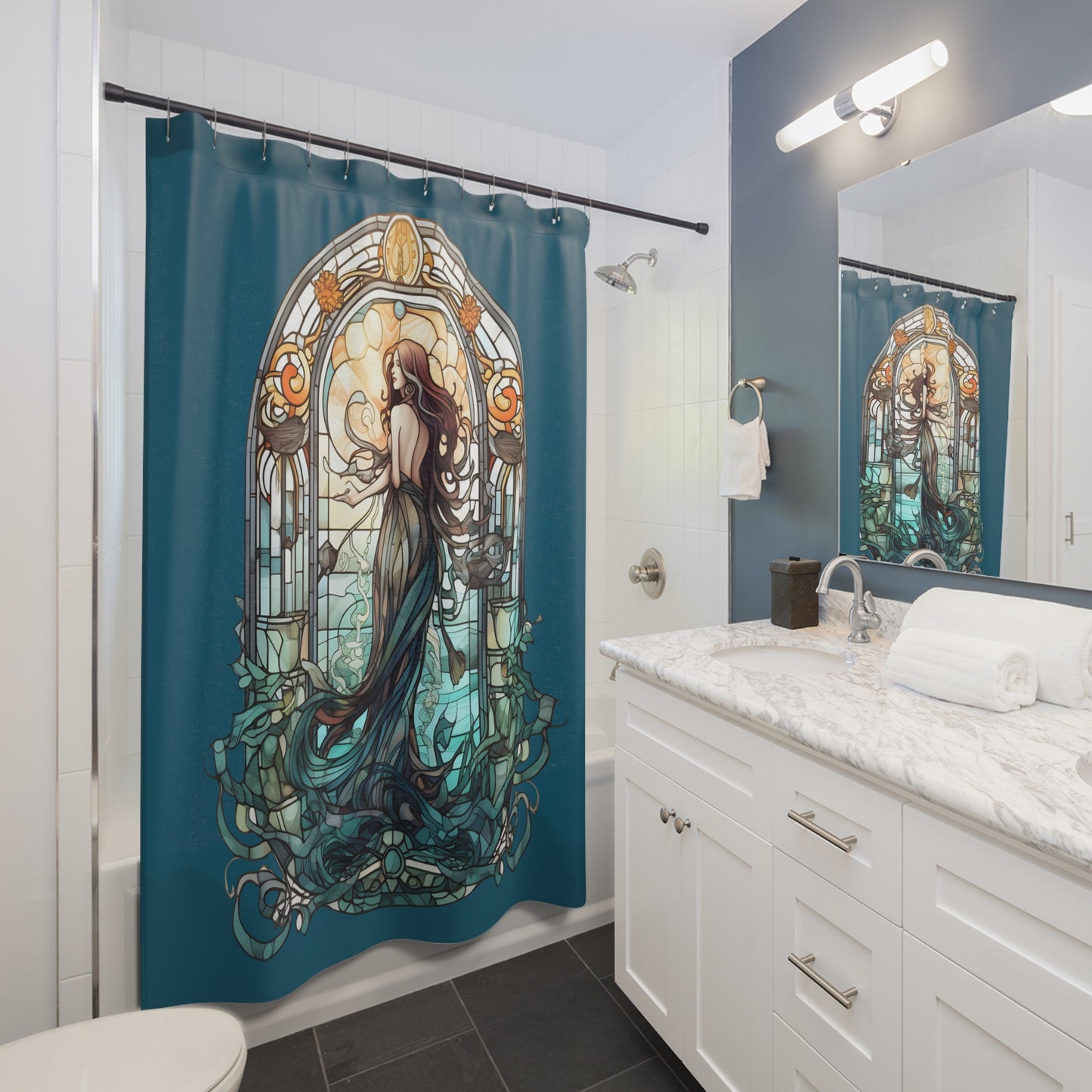 Stained Glass Mermaid Shower Curtain - Home Decor, Bathroom Decor