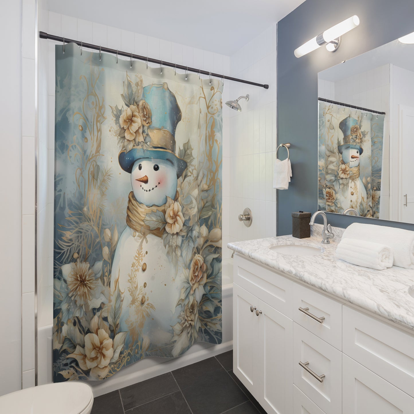 CHRISTMAS - Snowman Snow Man - SHOWER CURTAIN - Home Decor, Bathroom Decor, Holiday Decor 71x74"