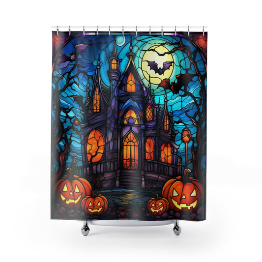 Halloween Pumpkin Castle Bats - SHOWER CURTAIN - Home Decor, Bathroom Decor, Holiday Decor 71x74"