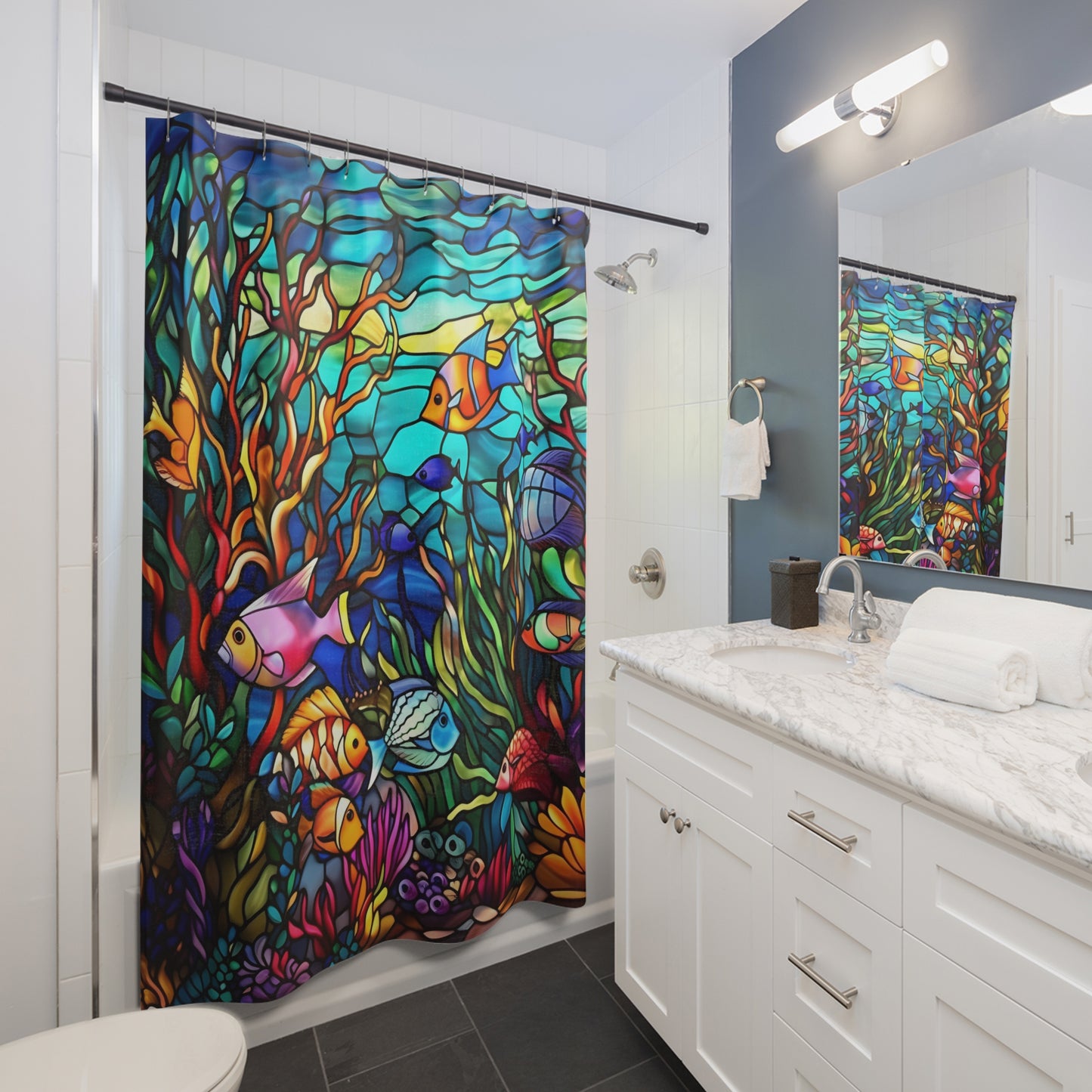 Stained Glass Under-the-Sea Shower Curtain - Home Decor, Bathroom Decor, Aquatic