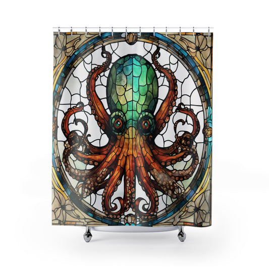 STAINED GLASS Octopus - SHOWER CURTAIN - Home Decor, Bathroom Decor, Holiday Decor 71x74"