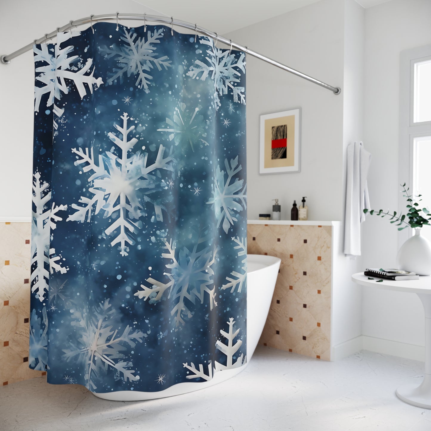 CHRISTMAS - Blue Snowflakes - SHOWER CURTAIN - Home Decor, Bathroom Decor, Winter, Holiday Decor 71x74"