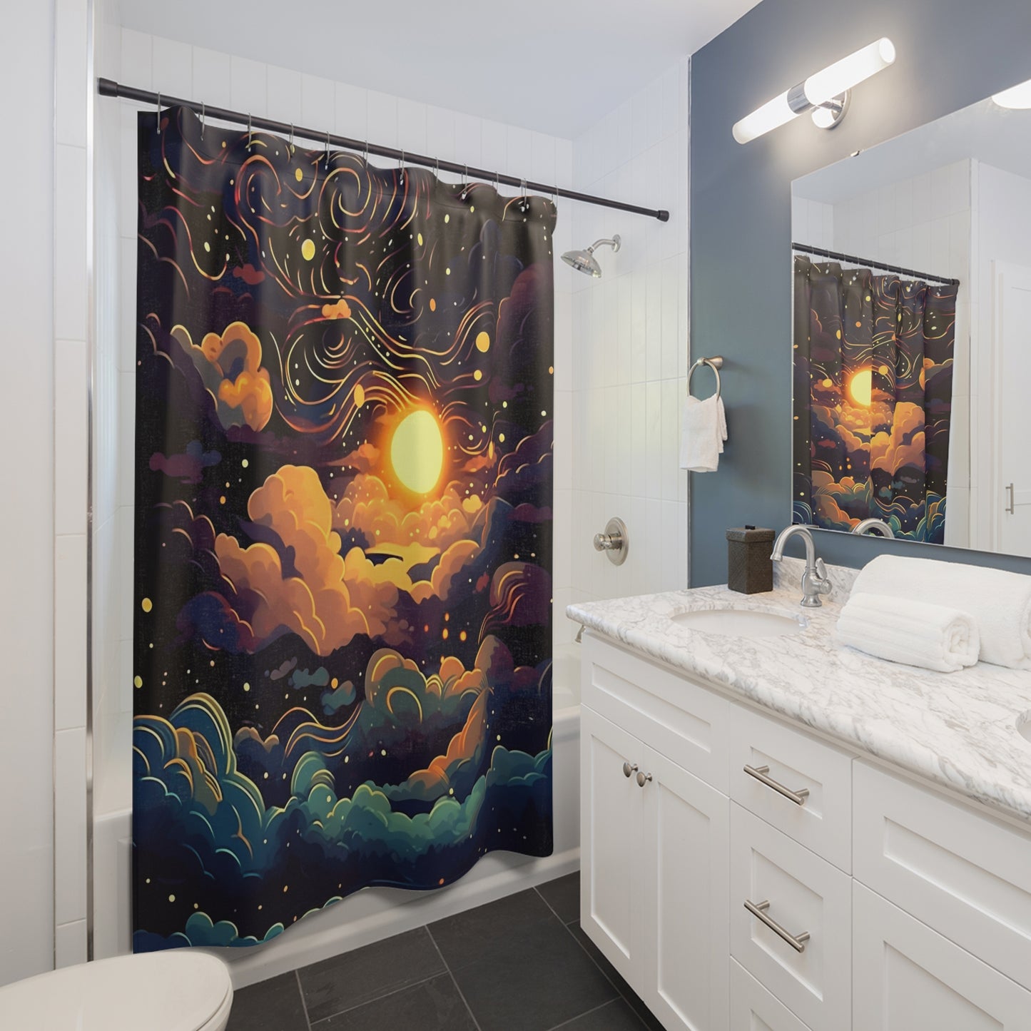 Celestial Art Deco - Night Sky - Shower Curtain - Home Decor, Bathroom Decor 71"  x 74"