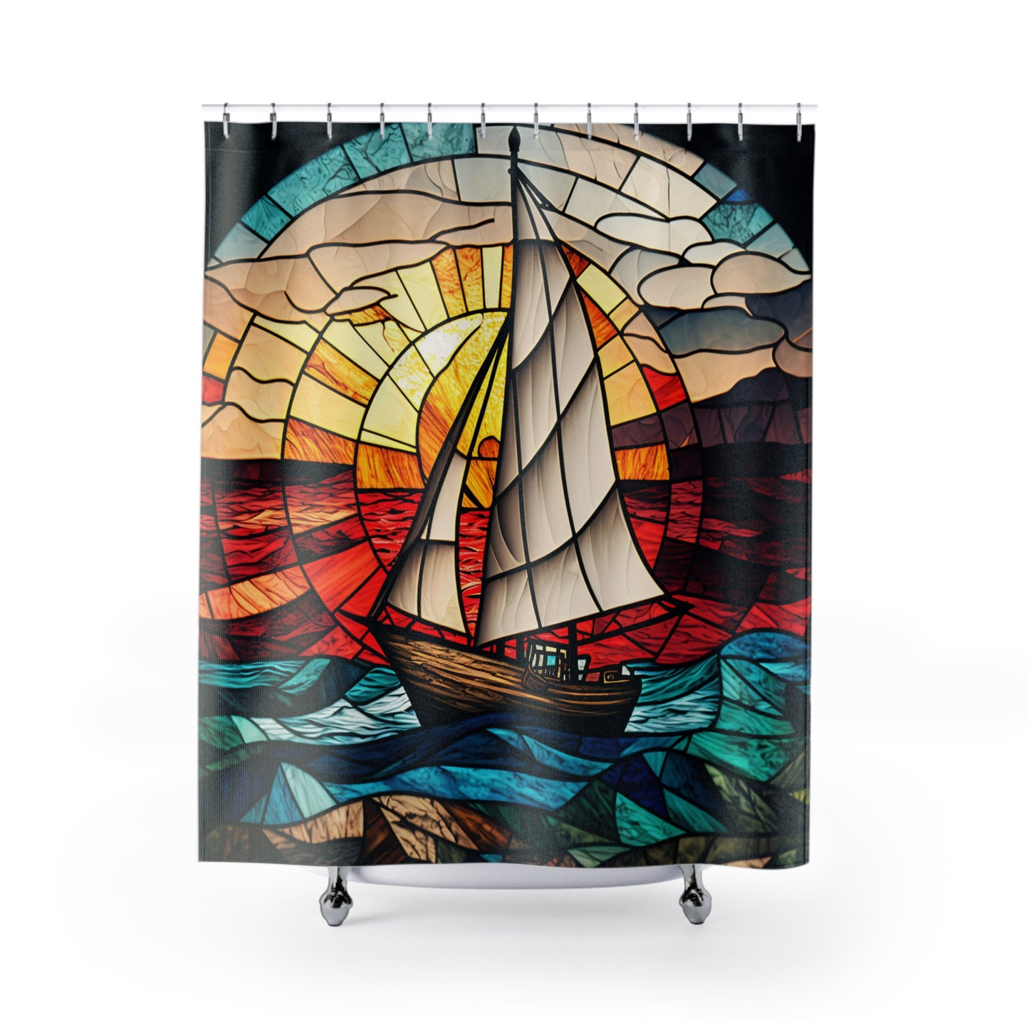 Stained Glass Sailboat - SHOWER CURTAIN - Home Decor, Bathroom Decor