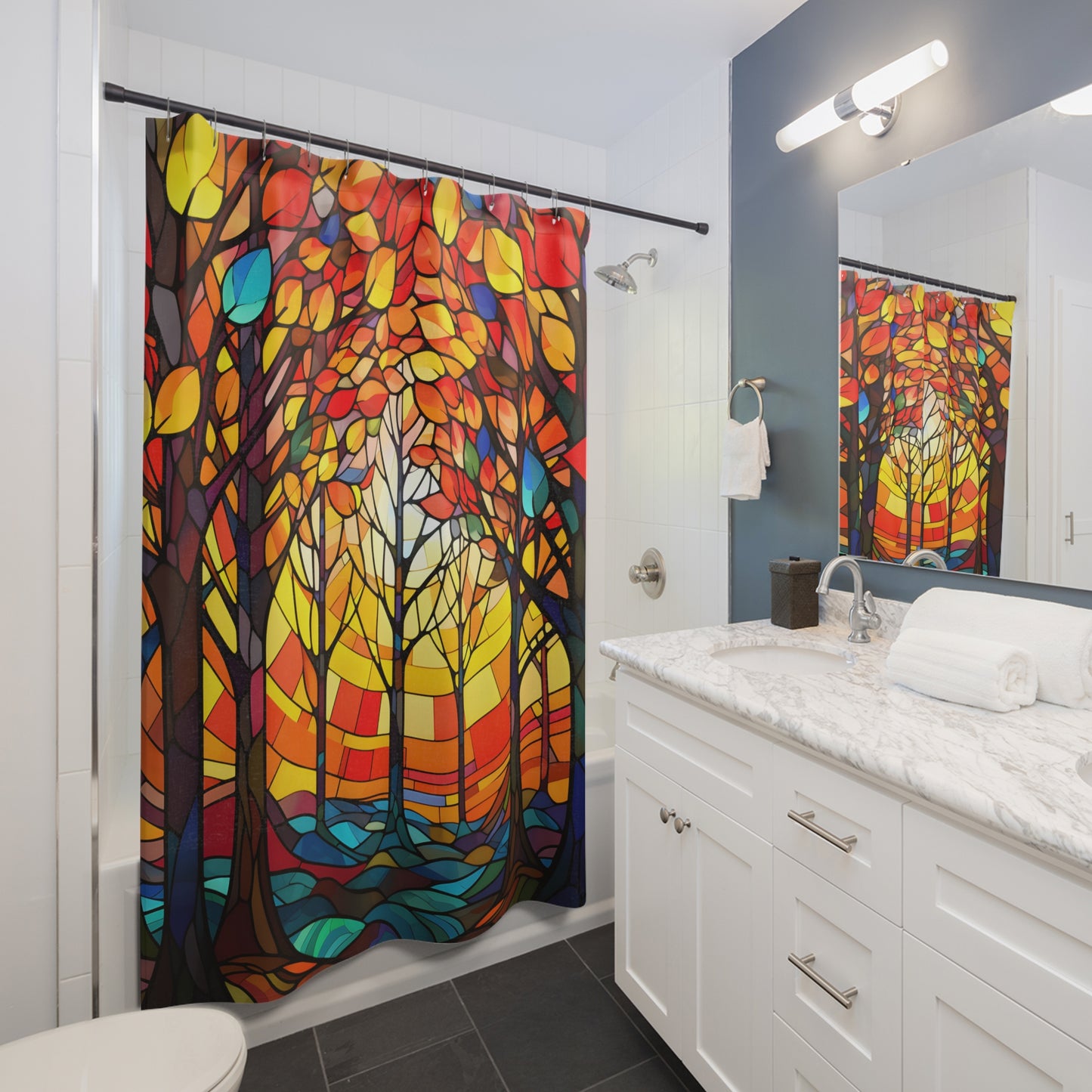 FALL Stained Glass Changing Leaves - SHOWER CURTAIN - Home Decor, Bathroom Decor, Holiday Decor