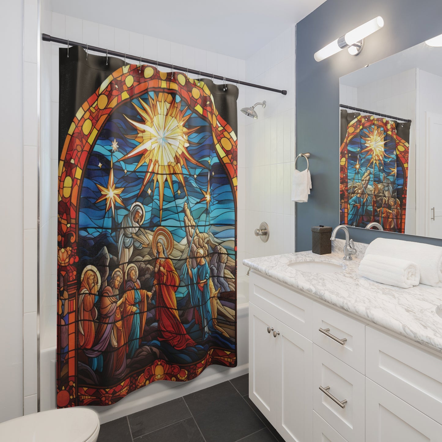 CHRISTMAS Stained Glass Nativity Scene SHOWER CURTAIN - Home Decor Bathroom Decor - 71" x 74"