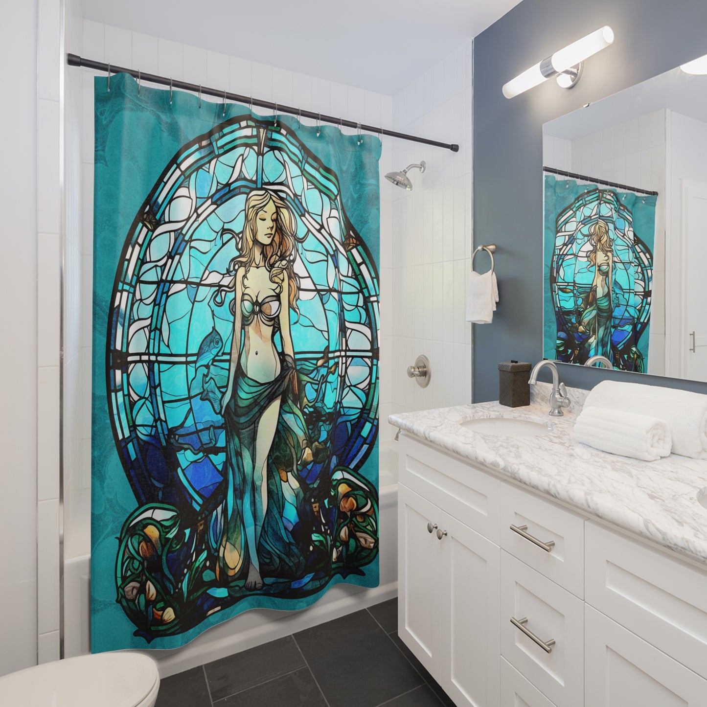 Stained Glass Mermaid  - SHOWER CURTIAIN - Home Decor, Bathroom Decor, Housewarming Gift, Aquatic