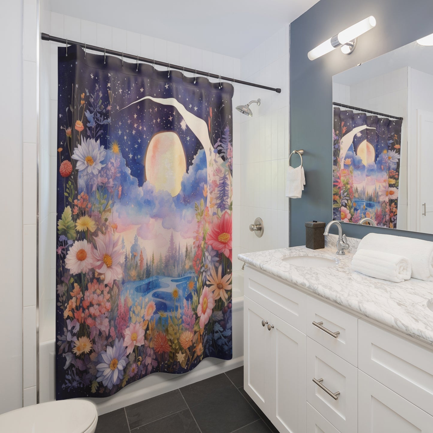 Celestial - Floral Moon - Shower Curtain - Home Decor, Bathroom Decor 71"  x 74"