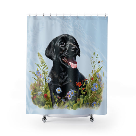 Sitting Happy Black Lab Flowers Field - Shower Curtain - Home Decor, Bathroom Decor 71"  x 74"