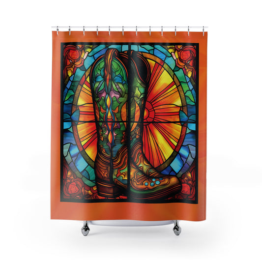 WESTERN Decor Stained Glass Cowboy Boots - Home Decor Bathroom Decor SHOWER CURTAIN - 71" x 74"