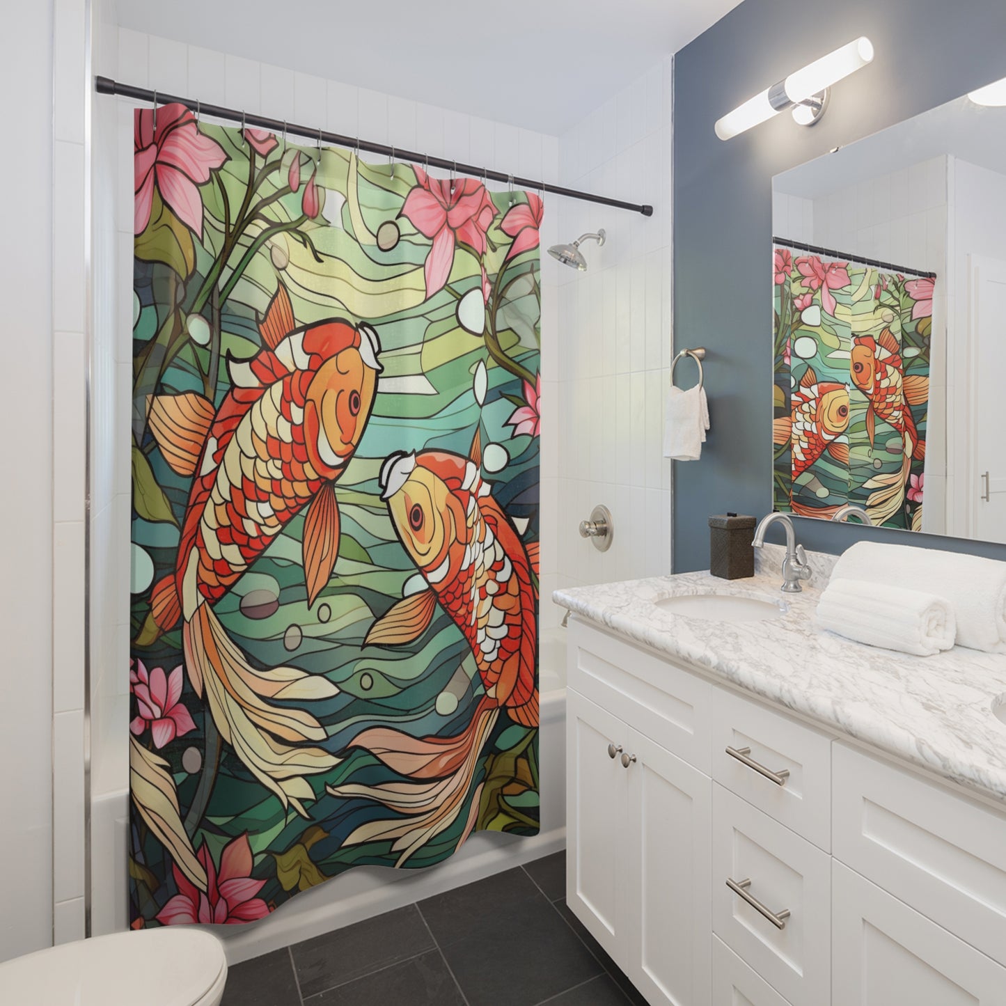 Stained Glass Koi - SHOWER CURTAIN - Home Decor, Bathroom Decor, Koi Fish