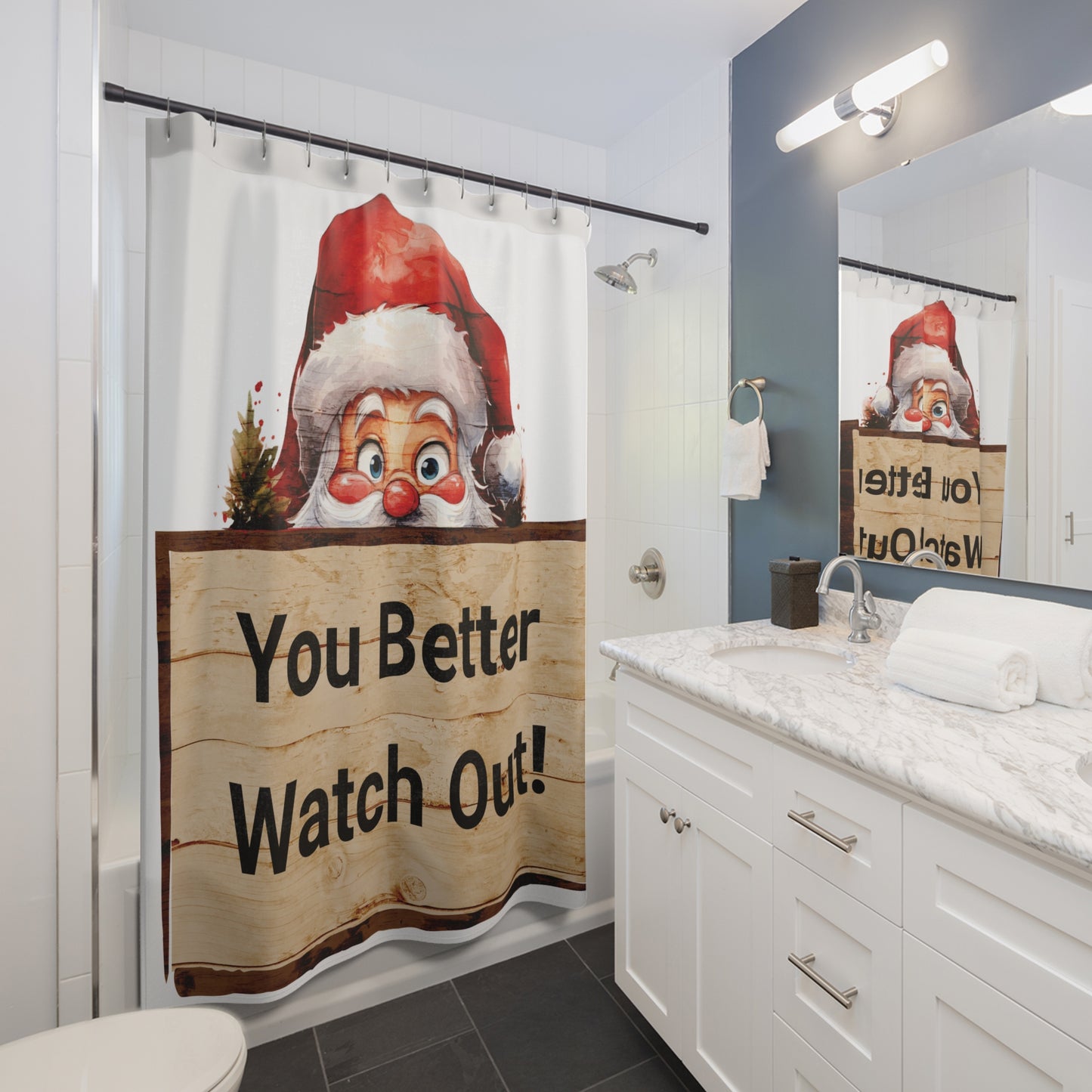 CHRISTMAS Holiday Decor, Tongue-in-Cheek - Peeking Santa  SHOWER CURTAIN - 71" x 74"