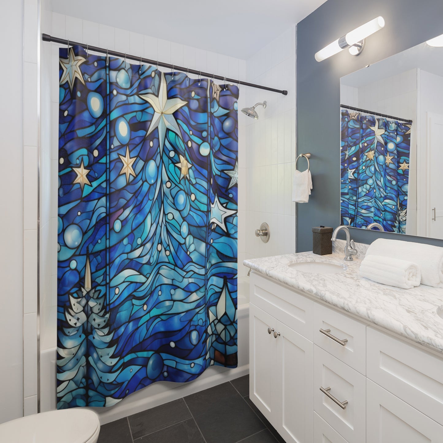 Stained Glass - CHRISTMAS Tree Blue - SHOWER CURTAIN - Home Decor, Bathroom Decor, Holiday Decor 71x74"