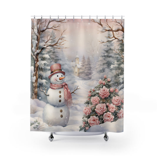 CHRISTMAS - Elegant Rose Snowman - SHOWER CURTAIN - Home Decor, Bathroom Decor, Holiday Decor 71x74"