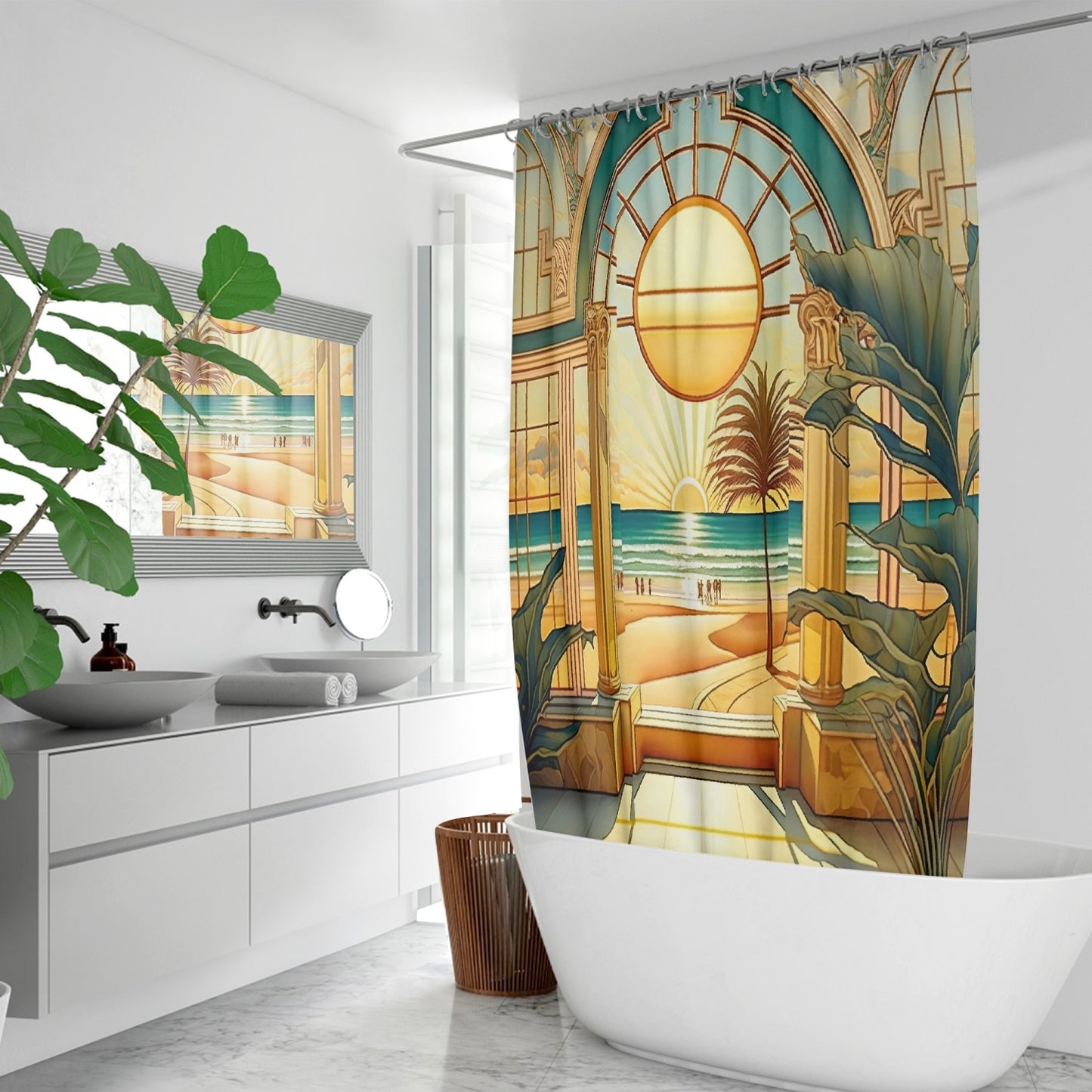 ART DECO - Beach Scene - Quick-drying Shower Curtain