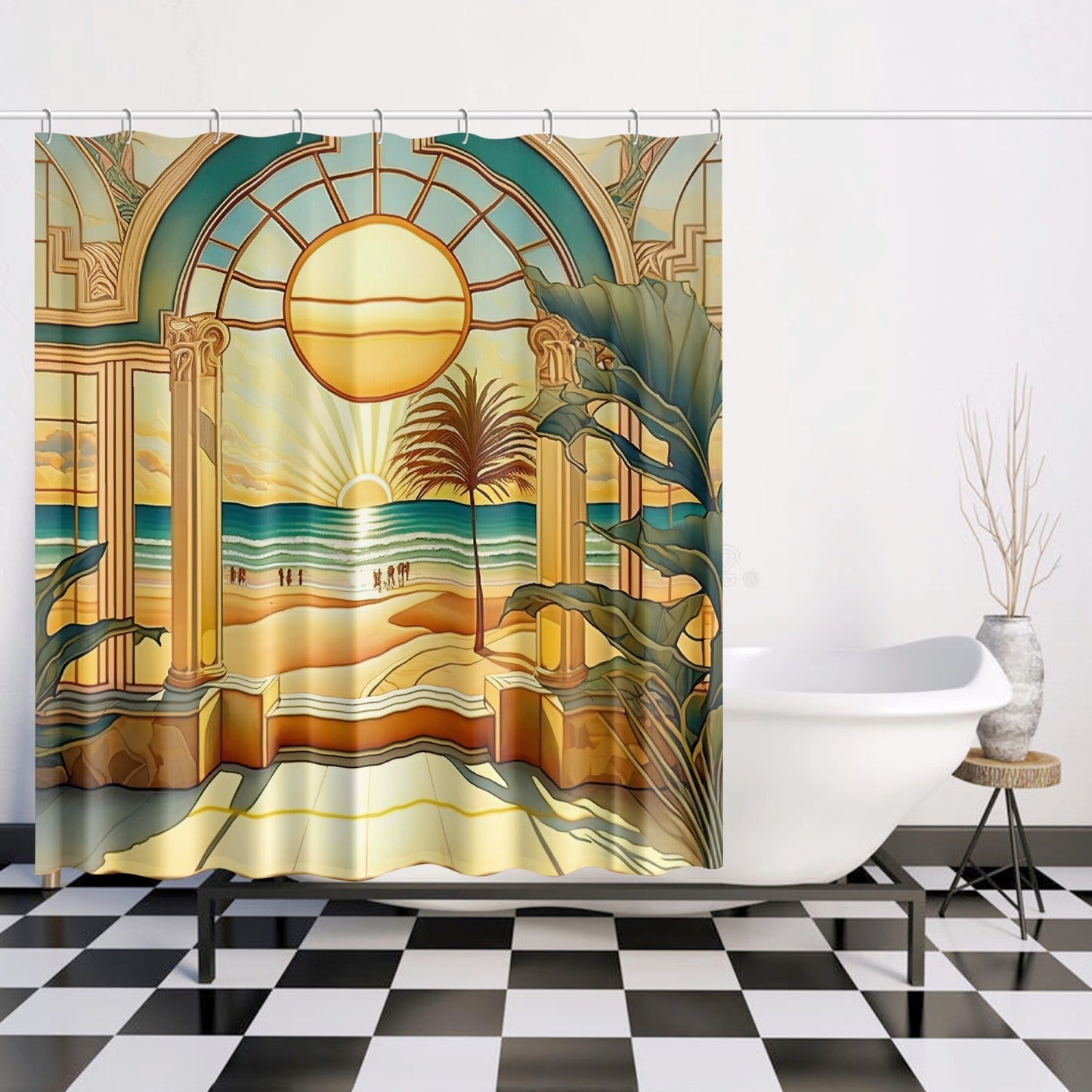 ART DECO - Beach Scene - Quick-drying Shower Curtain