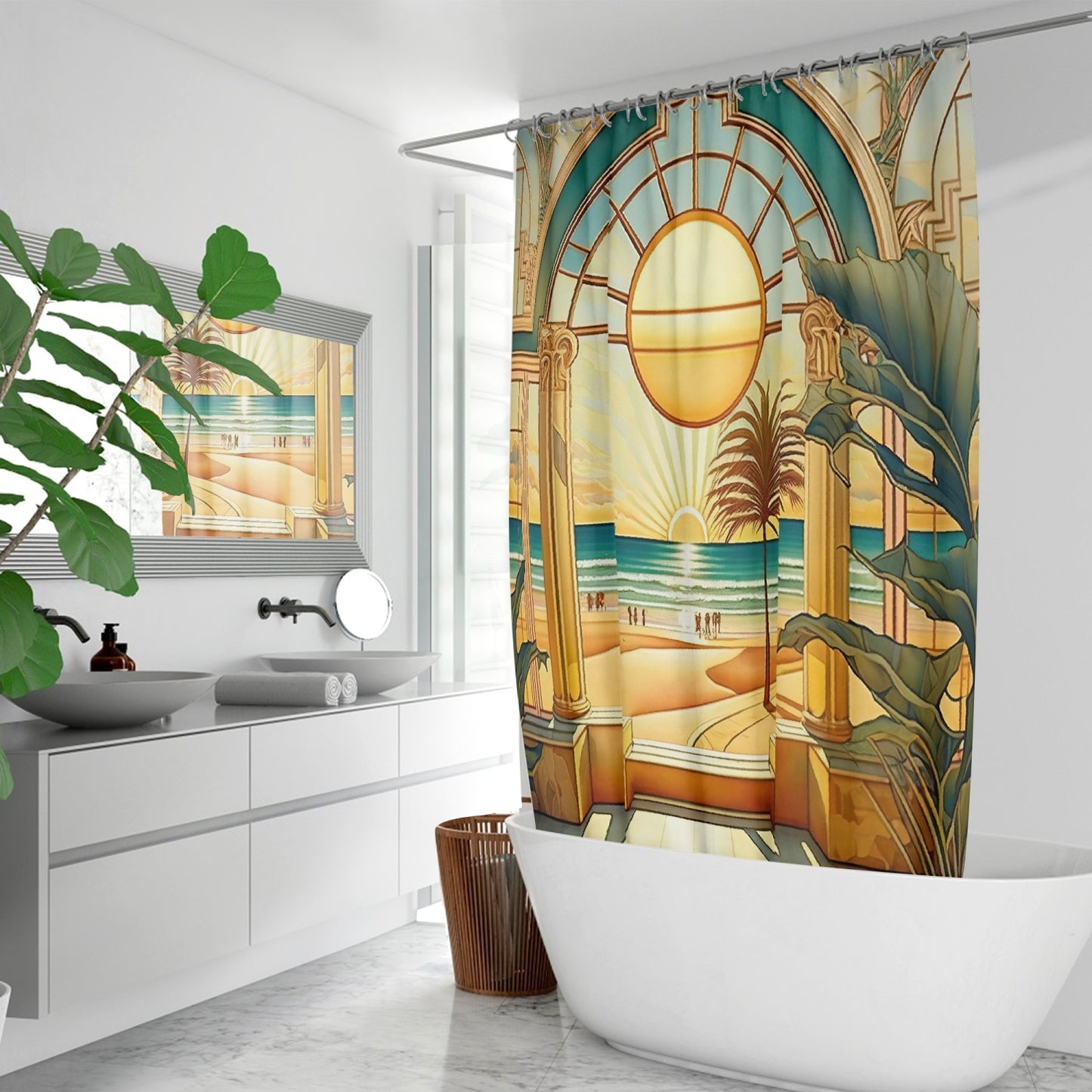 ART DECO - Beach Scene - Quick-drying Shower Curtain